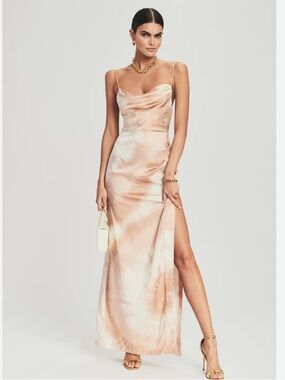 Retrofete Dress Marlene Slip Silk Maxi Cowl Neck in Neutral Tie Dye